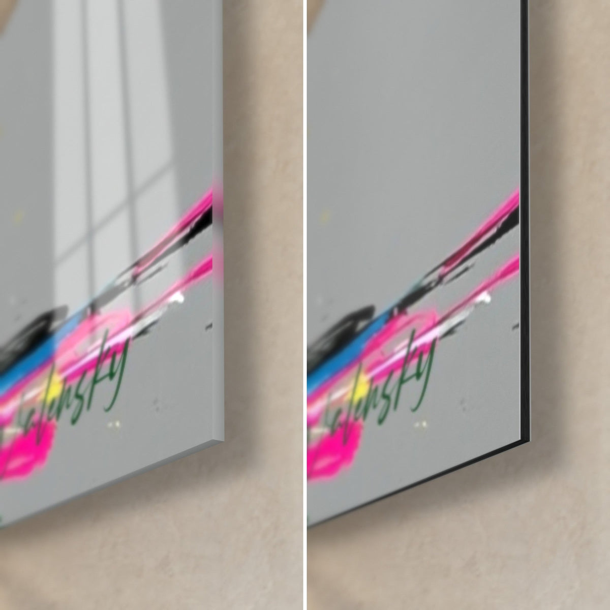 Wall art of a breakdancer in white and pink sneakers, bottom right: fuchsia drips on glossy glass and matte grey Dibond