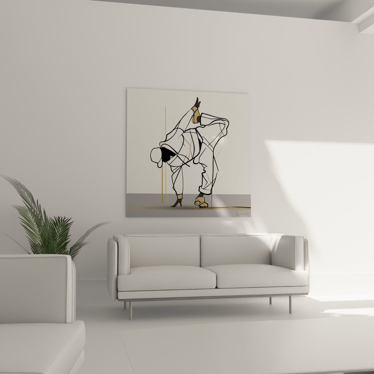 Figure breakdance esquissée en noir et beige, suspendue au-dessus d'un canapé dans un salon lumineux