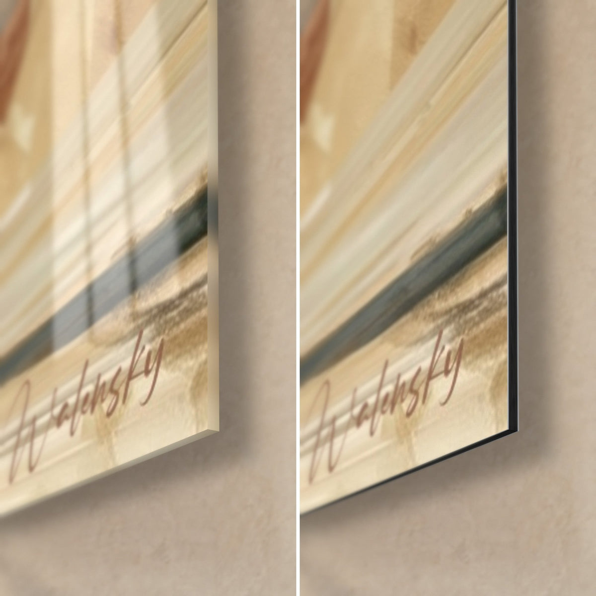 Wall art of a geometric dancer, bottom right corner: glossy glass on the left, matte Dibond on the right, pink signature and black edge