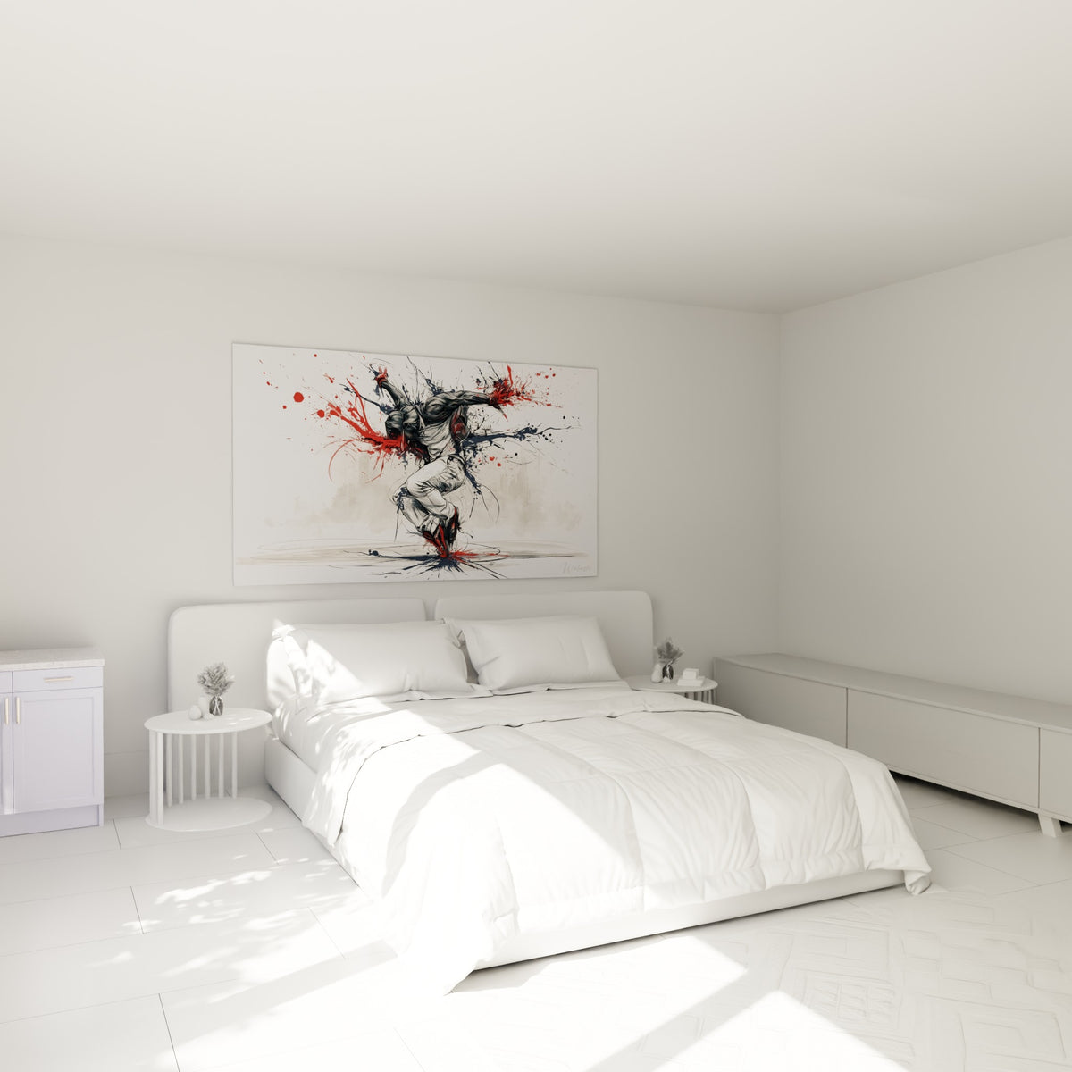 Silhouette de breakdance rouge et anthracite en mouvement, accrochée au-dessus d'un lit dans une chambre claire