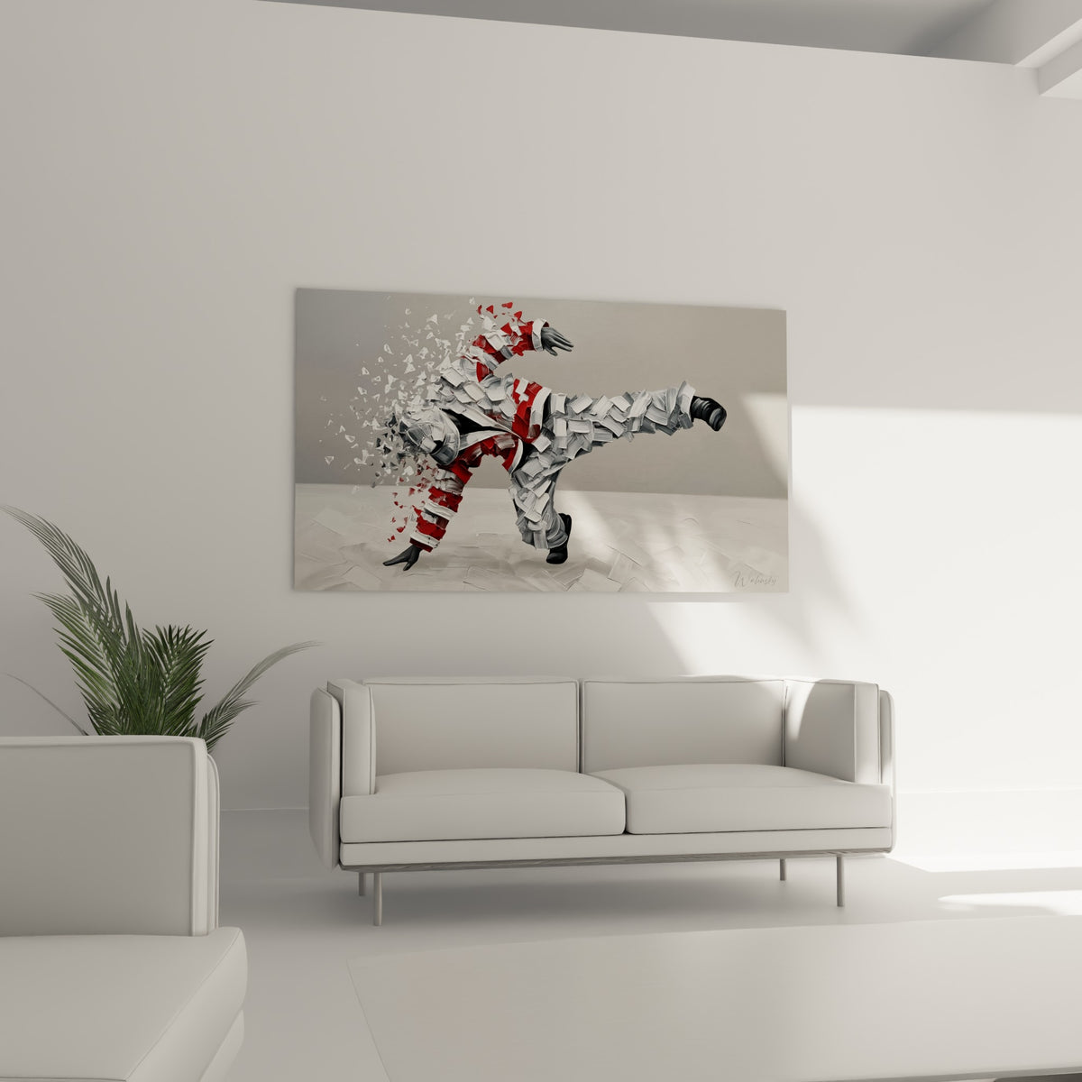 Figure breakdance en pleine action, tons gris et rouges, au-dessus d'un canapé dans un salon lumineux