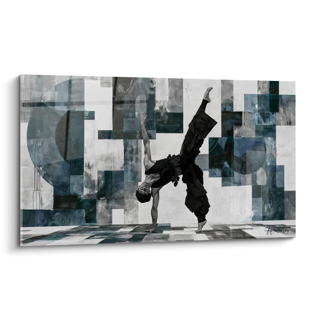 Danseur breakdance en figure au sol, silhouette noire sur fond bleu ardoise et gris géométrique