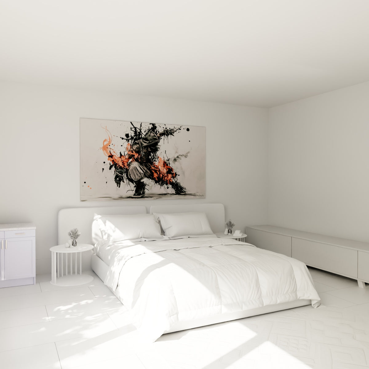 Silhouette breakdance en mouvement, taches orange et anthracite, accrochée au-dessus d'un lit dans une chambre claire