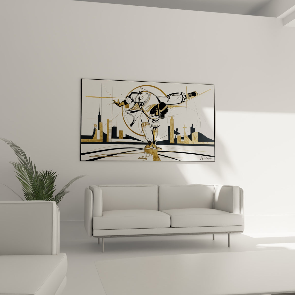 Figure Breakdance noire et dorée en plein mouvement, tableau au-dessus d'un canapé dans un salon lumineux