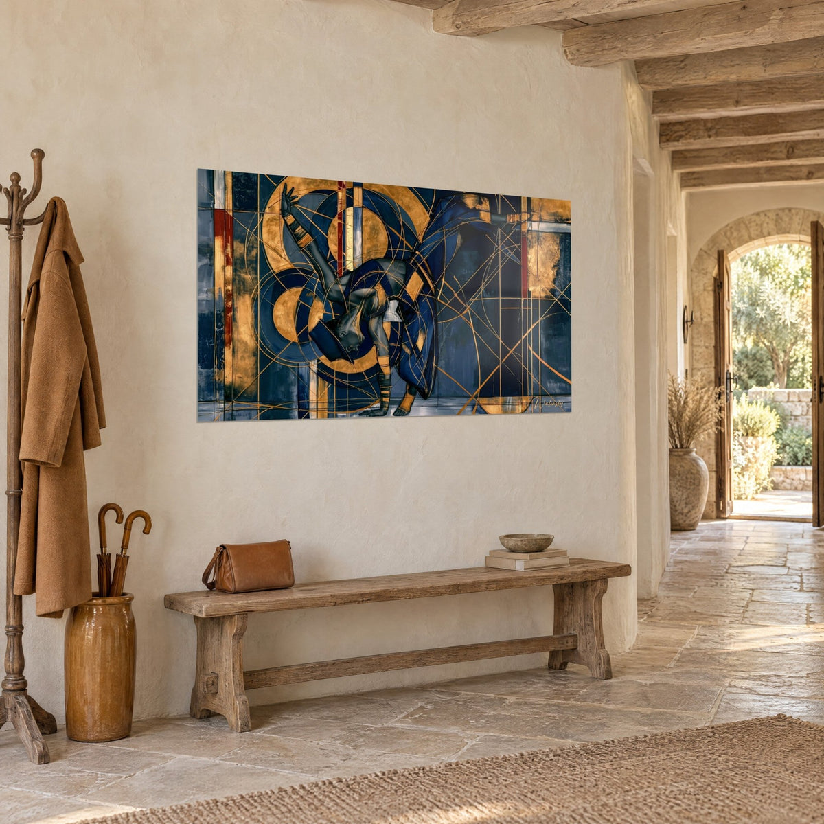 Wall art acrobat in a midnight-blue hat balancing mid-air, gold discs and copper strokes, stone wall of a country house entrance