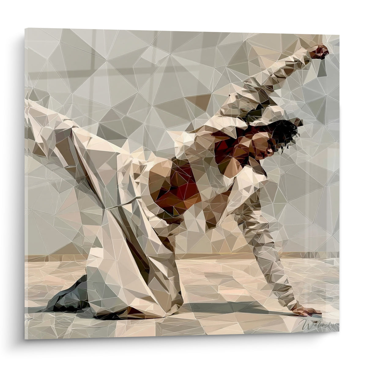 Danseur breakdance figé en pleine figure, tons beige et terracotta, style géométrique fragmenté
