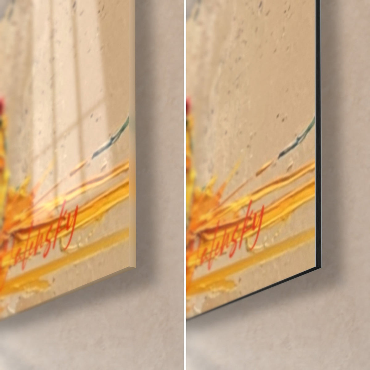 Tableau breakdancer aux coulures orange et turquoise, coin bas droit en verre brillant et alu Dibond mat, tranche de 3 mm