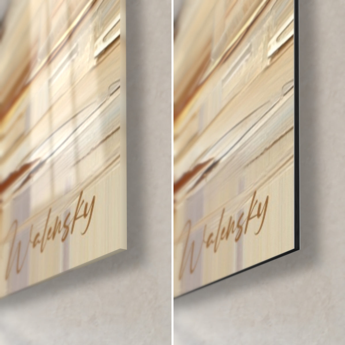 Schilderij van een draaiende b-boy, okerkleurige en lichtblauwe spatten, rechtsonder in glanzend glas en mat Dibond-aluminium, rand van 3 mm