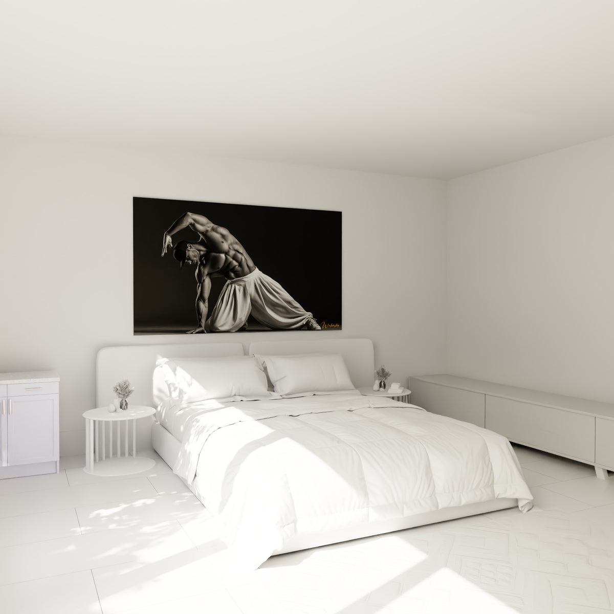 Corps arqué en plein mouvement, contrastes noir et blanc, tableau Breakdance au-dessus d'un lit dans une chambre claire