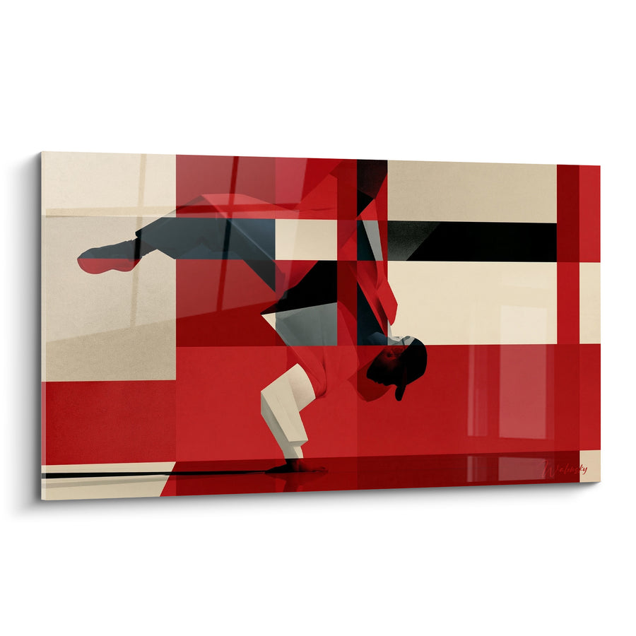 Tableau Danseur rouge et beige aux bandes rectangulaires - Une main au sol - Edition Breakdance
