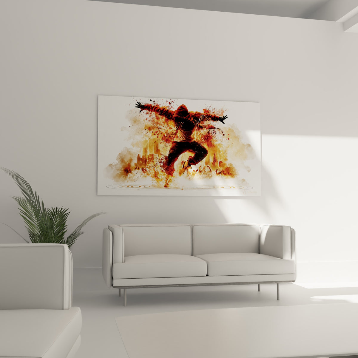 Saut breakdance figé dans des flammes rouges et une fumée dorée au-dessus d'un canapé dans un salon lumineux