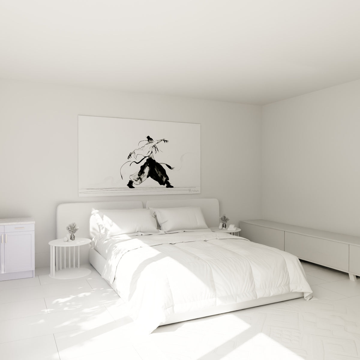 Silhouette breakdance encre noire et blanche au-dessus d'un lit dans une chambre claire