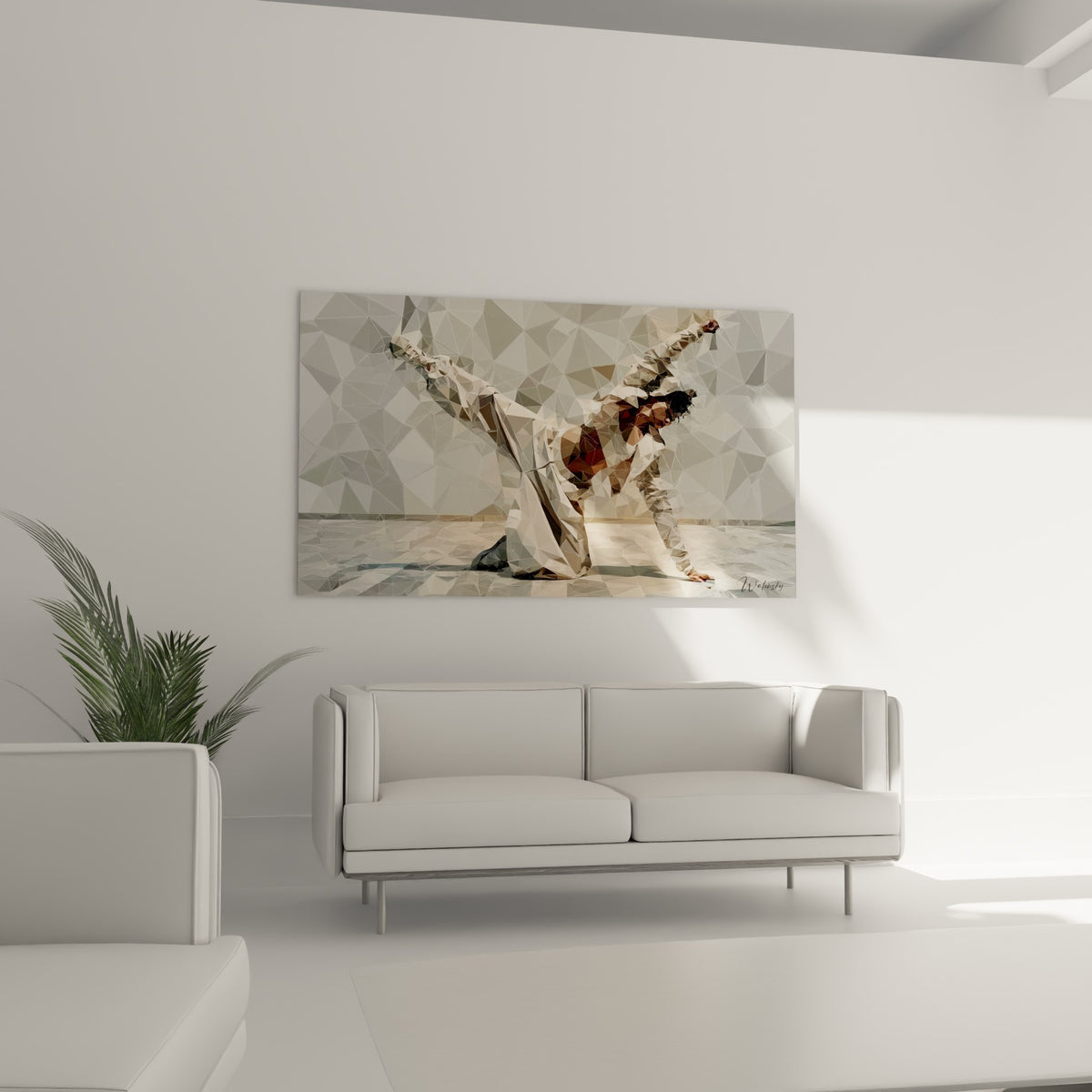 Figure géométrique anthracite et beige d'un breakdancer au-dessus d'un canapé dans un salon lumineux