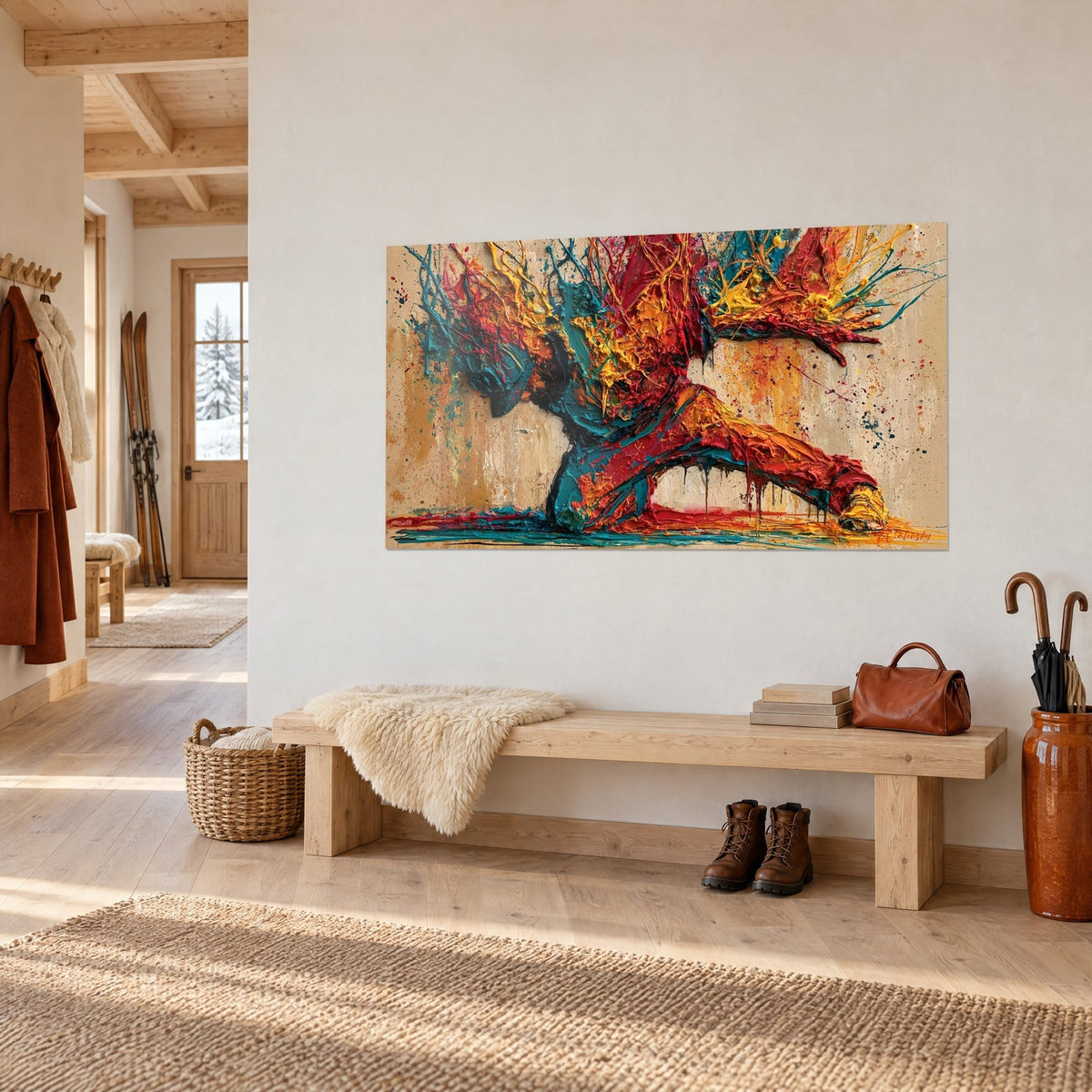 Tableau b-boy figé en équilibre, éclaboussures jaune moutarde et rouge vif sur fond sable, banc d'entrée en bois d'un chalet