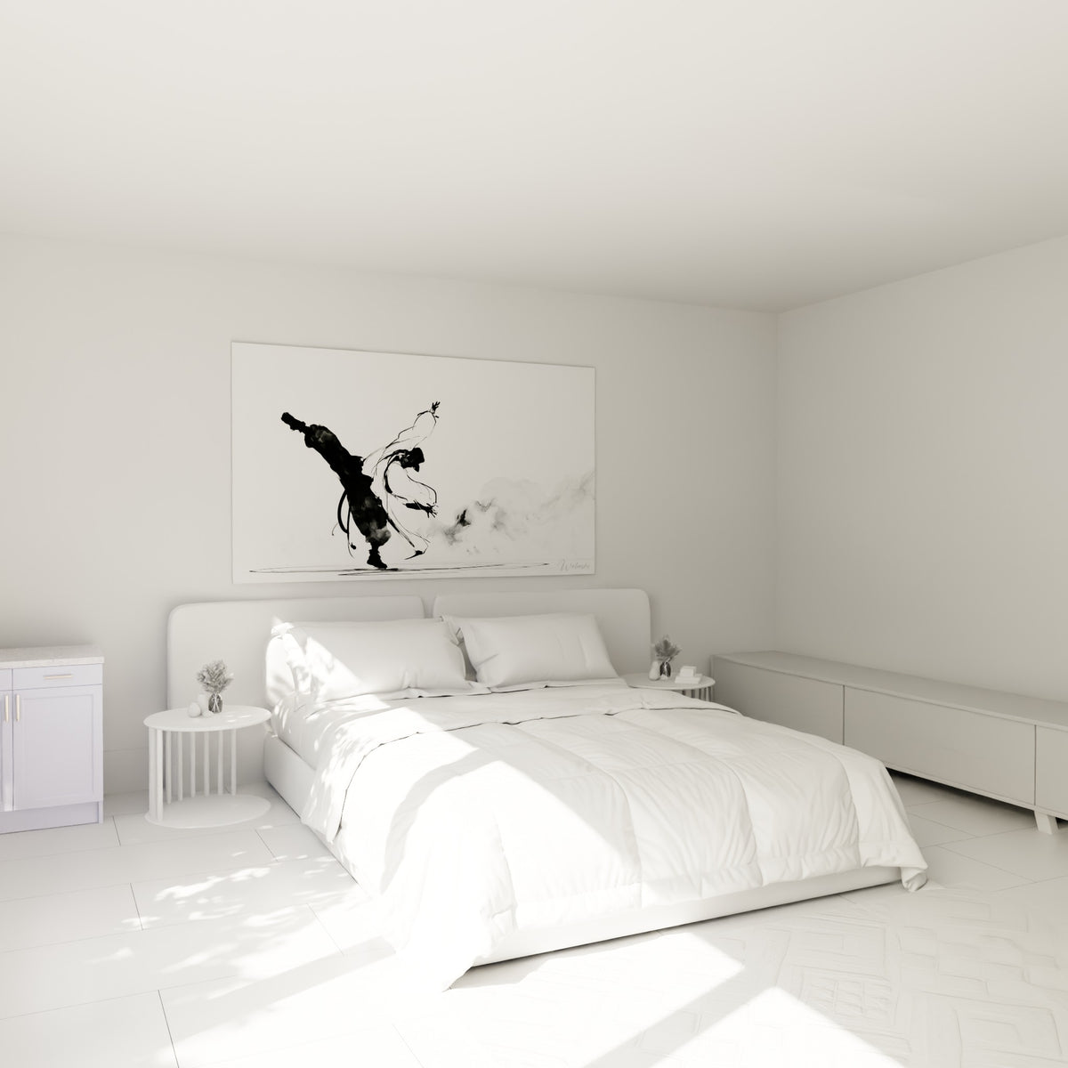 Silhouette breakdance noire et grise en pleine figure, accrochée au-dessus d'un lit dans une chambre claire