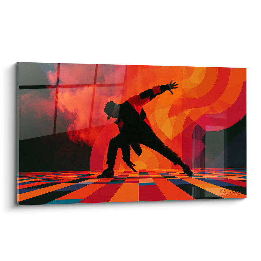 Tableau Danseur silhouette noire et orange fumée rosée - Sol en damier multicolore - Edition Breakdance