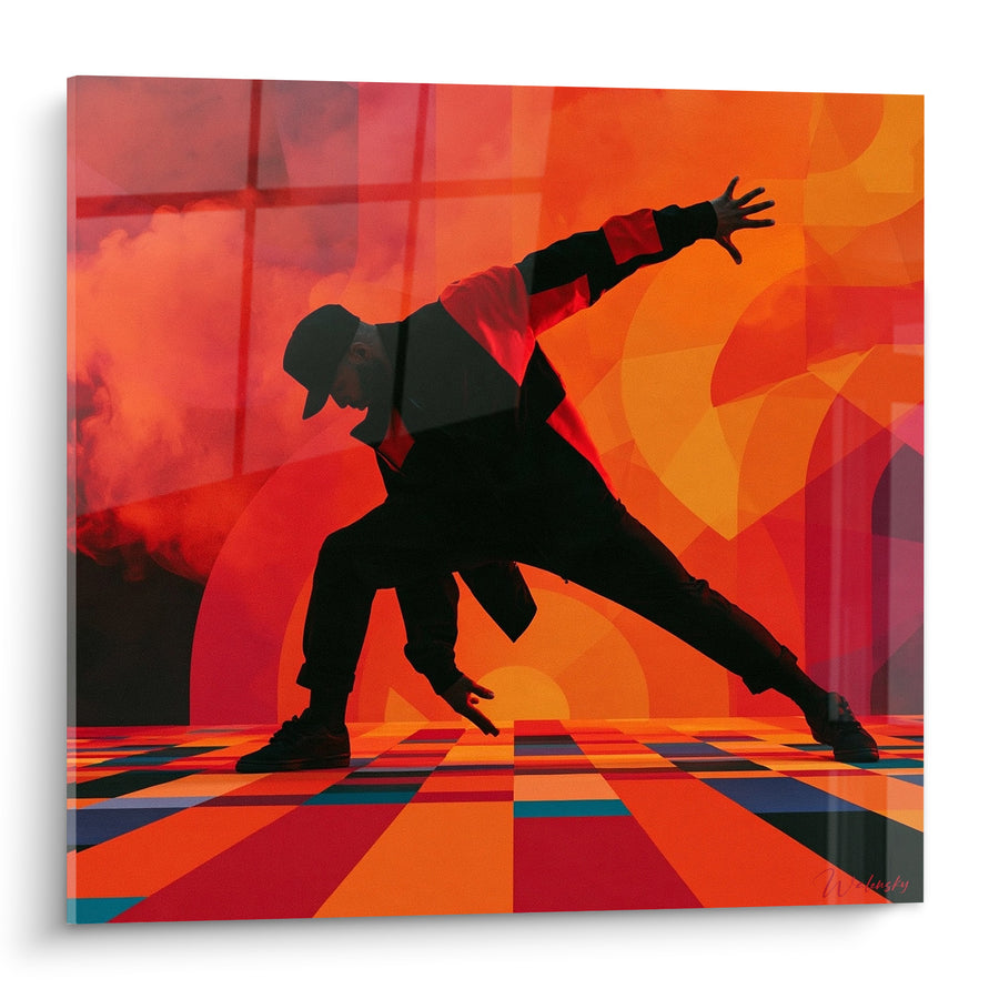 Tableau Danseur silhouette orange et rouge géométrique - Mouvement figé - Edition Breakdance