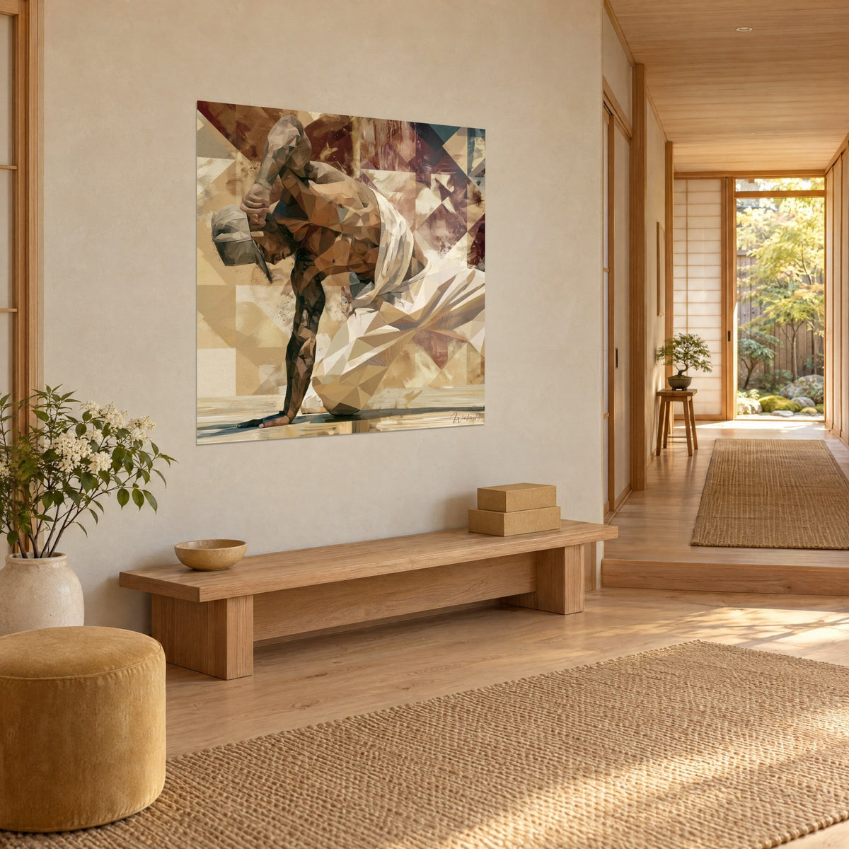Wall art of a freeze-gel breakdancer, cream white trousers and copper skin in polygons, facing a glazed Japandi hallway