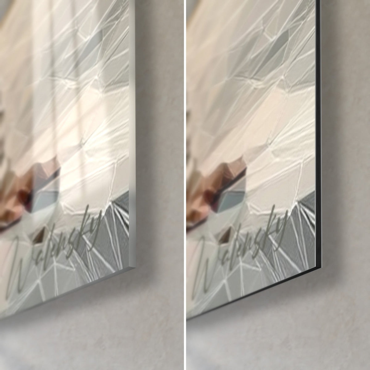 Tableau danseur géométrique, coin bas droit : verre acrylique brillant à gauche, alu Dibond mat gris et beige à droite, tranche de 3 mm