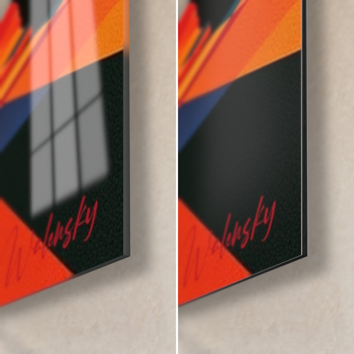 Tableau breakdancer en ombre noire, coin bas droit : verre acrylique brillant à reflets, Dibond mat, tranche de 3 mm