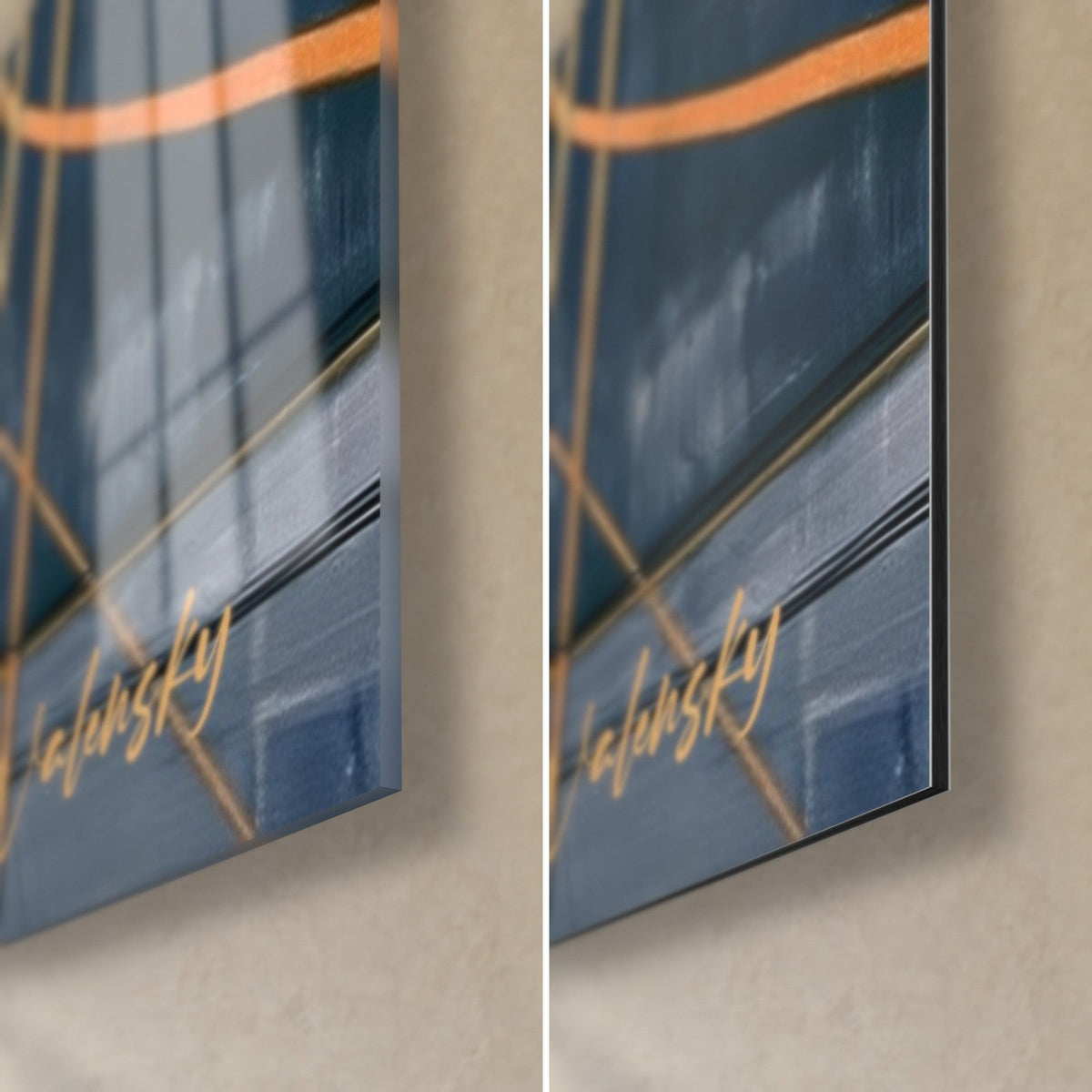 Wall art b-boy supported on one hand, gold arcs on indigo background, bottom right corner: glossy glass on the left, matte Dibond on the right