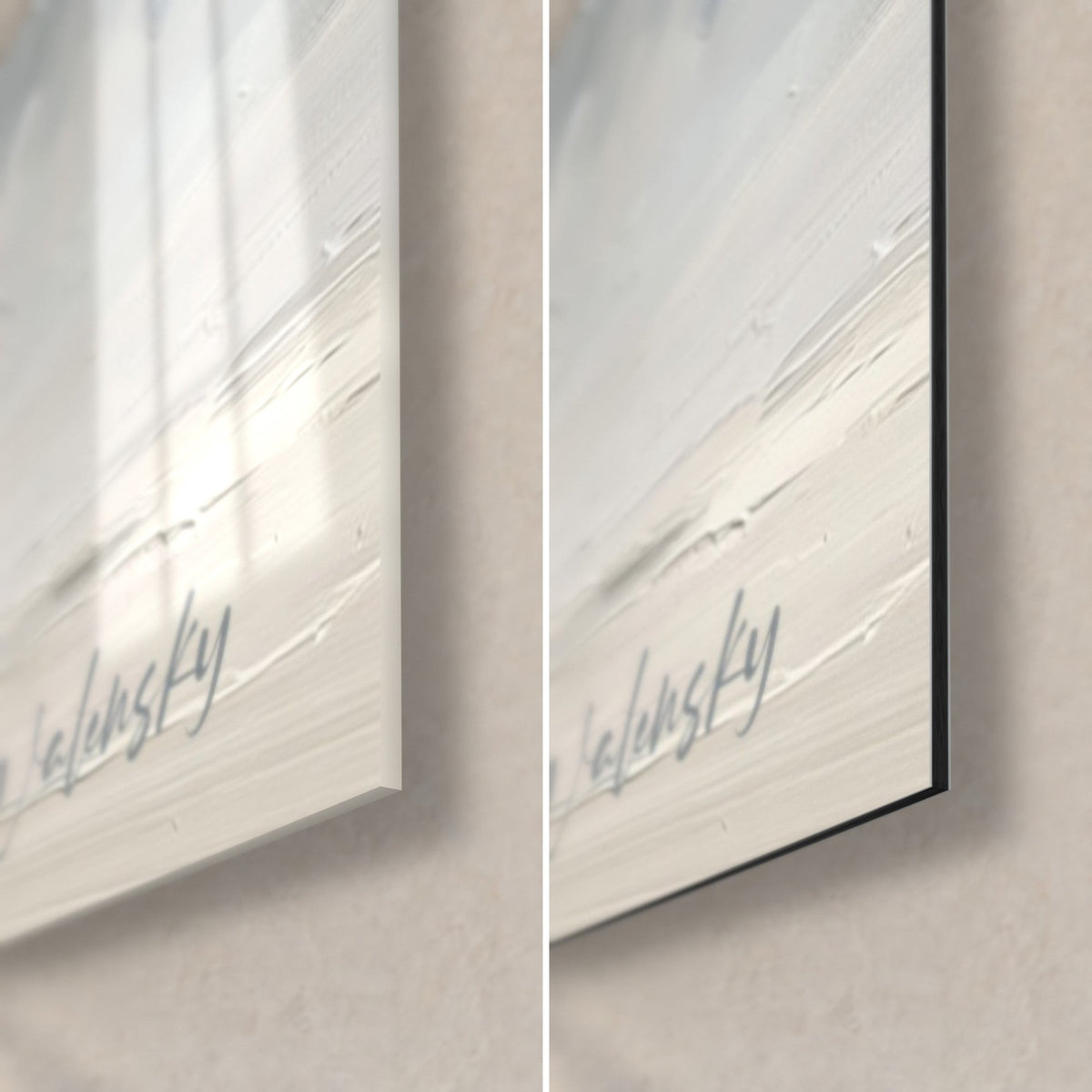 Gemälde Tänzer im Handstand, untere rechte Ecke: glänzendes Acrylglas links, matt Alu-Dibond rechts, graublaue Walensky-Signatur, 3 mm Kante