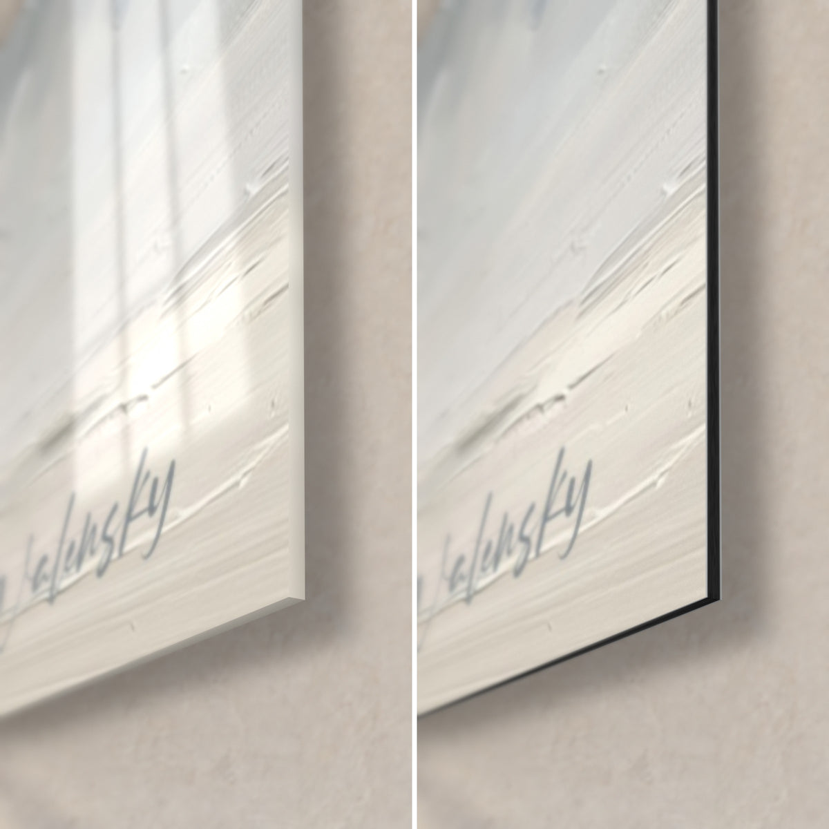 Tableau danseur en appui, coin bas droit : verre acrylique brillant à gauche, alu Dibond mat à droite, signature Walensky bleu-gris, tranche de 3 mm