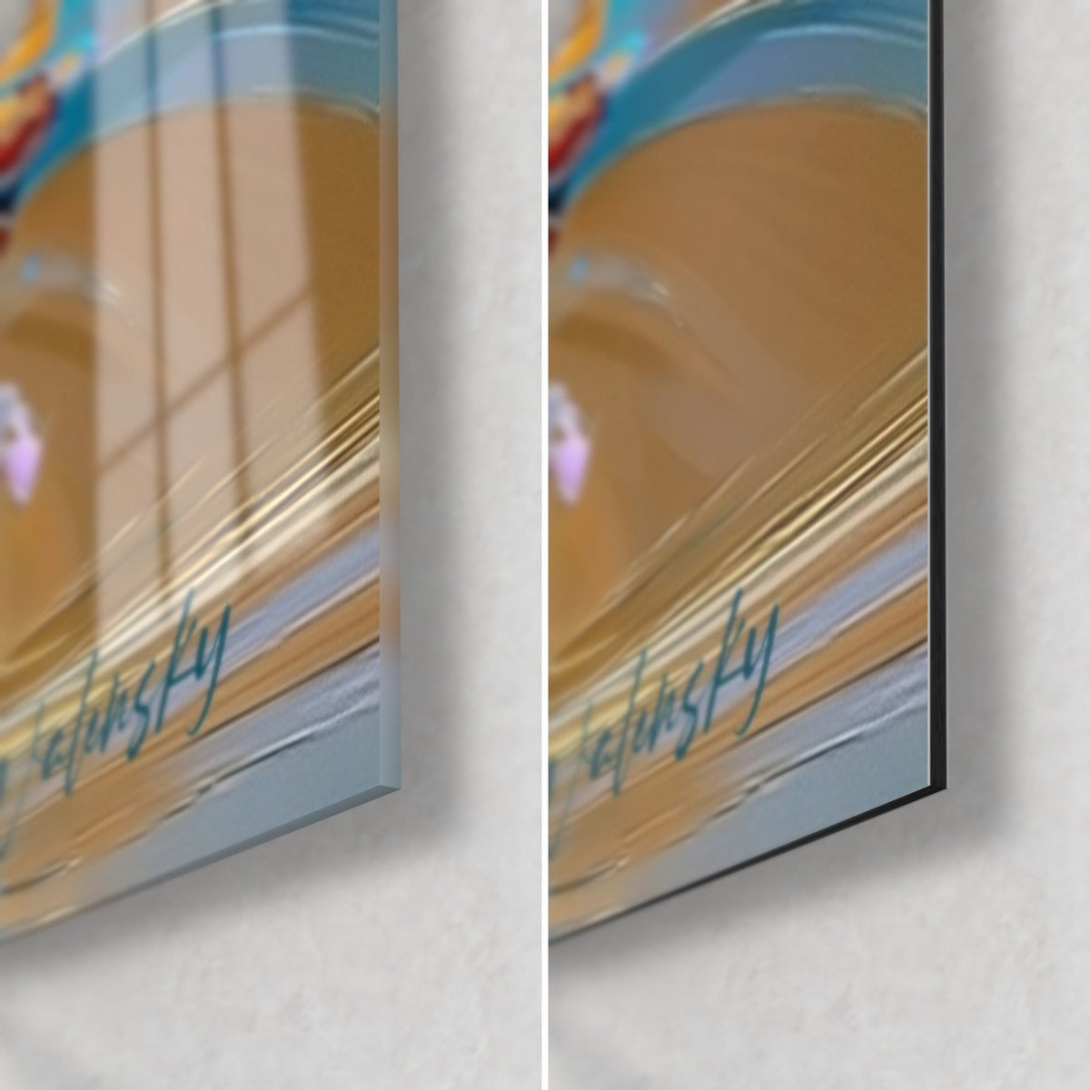 Schilderij van een wervelende breakdancer, rechtsonder hoek, glanzend glas links, mat Dibond-aluminium rechts, 3 mm rand, turquoise en oker