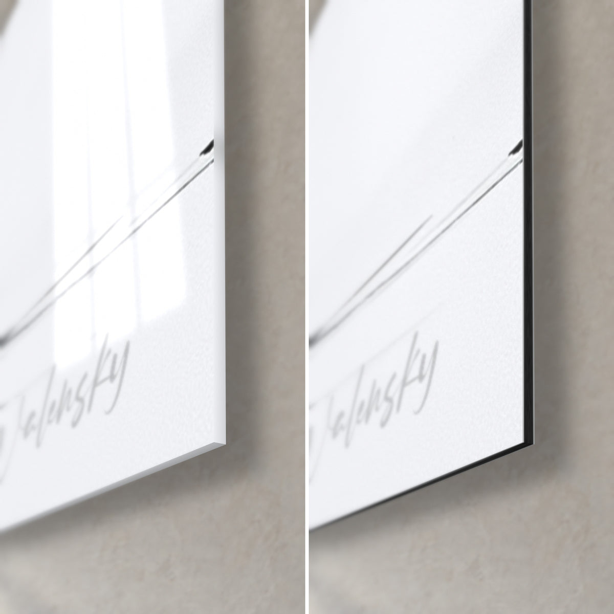 Wall art of a dancer in a black cap, bottom right corner: glossy acrylic glass with reflections and matte black and white aluminium Dibond, 3 mm edge visible