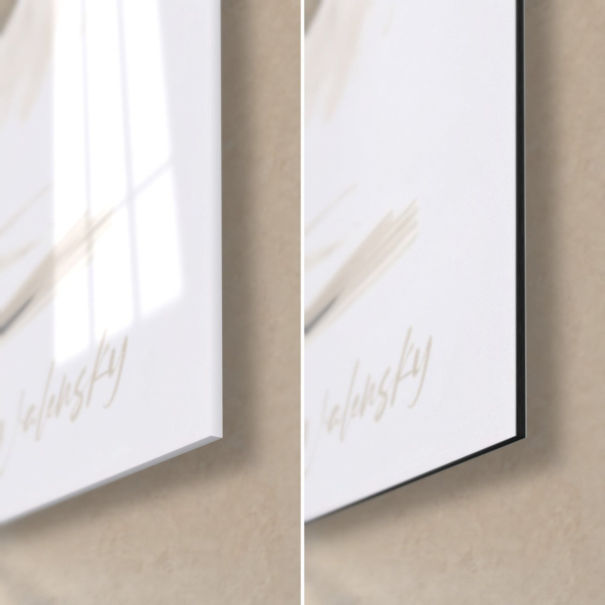 Gemälde eines Straßentänzers, untere rechte Ecke: glänzendes Acrylglas links, mattschwarzes Dibond-Aluminium rechts, beige Walensky-Signatur, 3 mm Kante