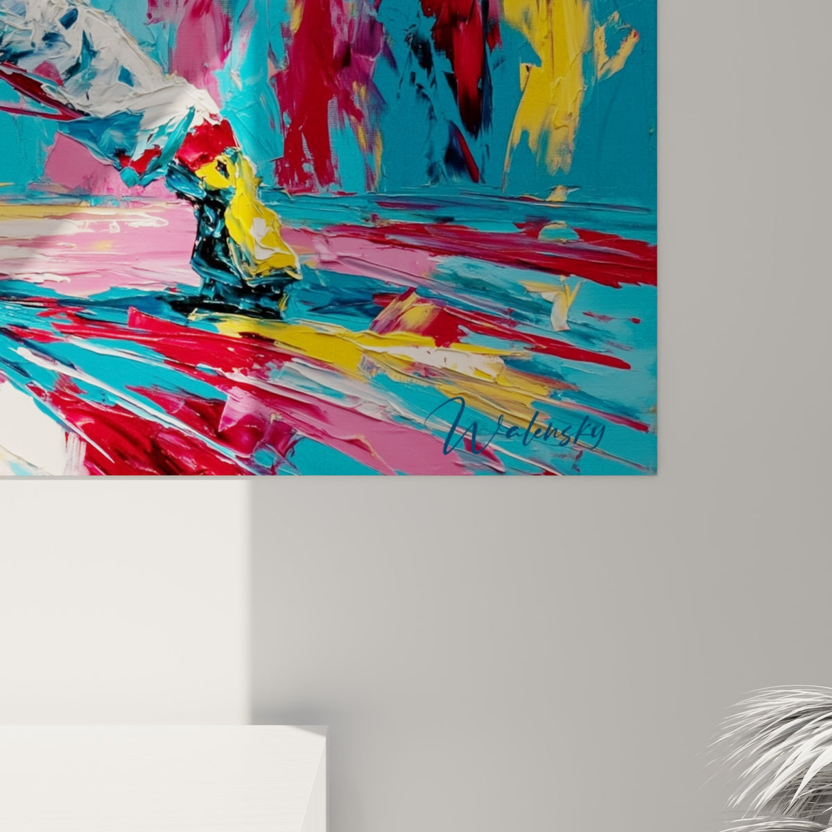 Empâtements épais de peinture turquoise et jaune révélant la matière du tableau breakdance