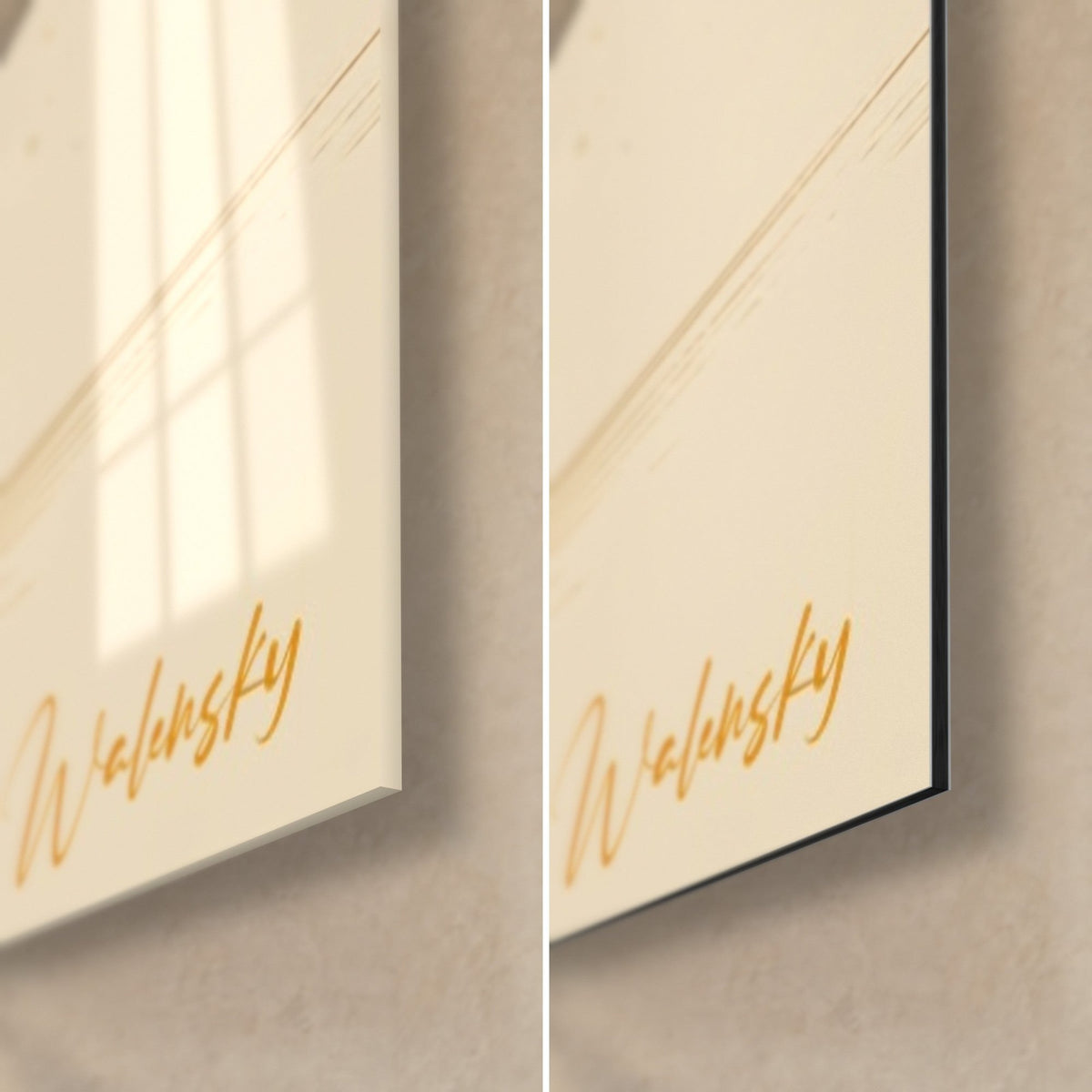 Cuadro de un b-boy con gorra suspendida, esquina inferior derecha: cristal brillante con reflejos, aluminio Dibond mate color crema, firma dorada Walensky