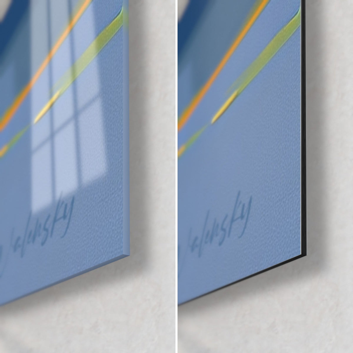 Quadro di b-boy con scintille blu e gialle, angolo in basso a destra: vetro acrilico lucido a sinistra, alluminio Dibond opaco a destra, bordo da 3 mm