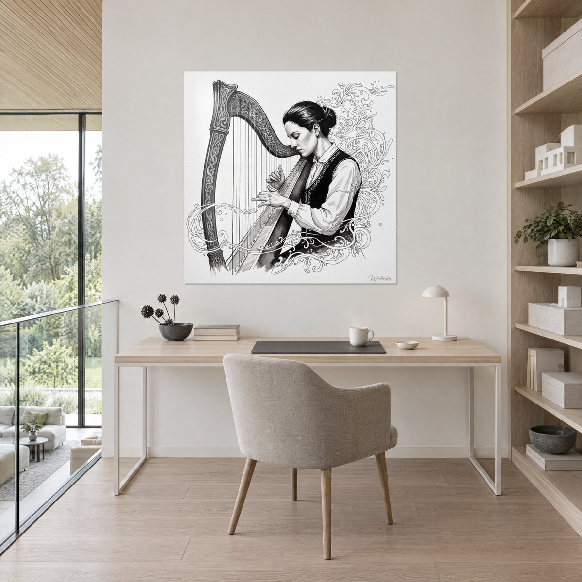 Wall art of a Celtic instrument with fine strings, black waistcoat and ivory shirt, beige wall of an office with wooden shelves