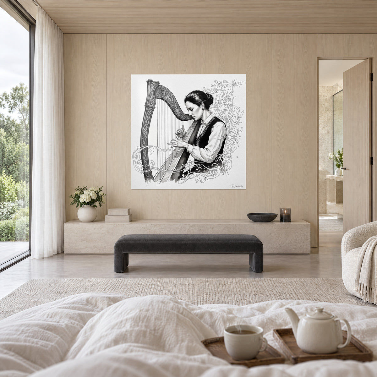 Wall art of a harpist with a dark bun, grey and white Celtic knots, hung above a bed in a bright bedroom