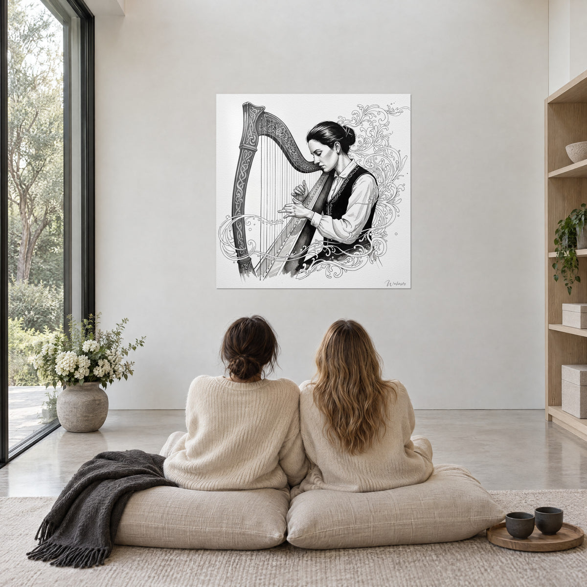 Wall art of a woman at the harp, black ink filigree on white paper, in front of two friends seated back to back on cushions