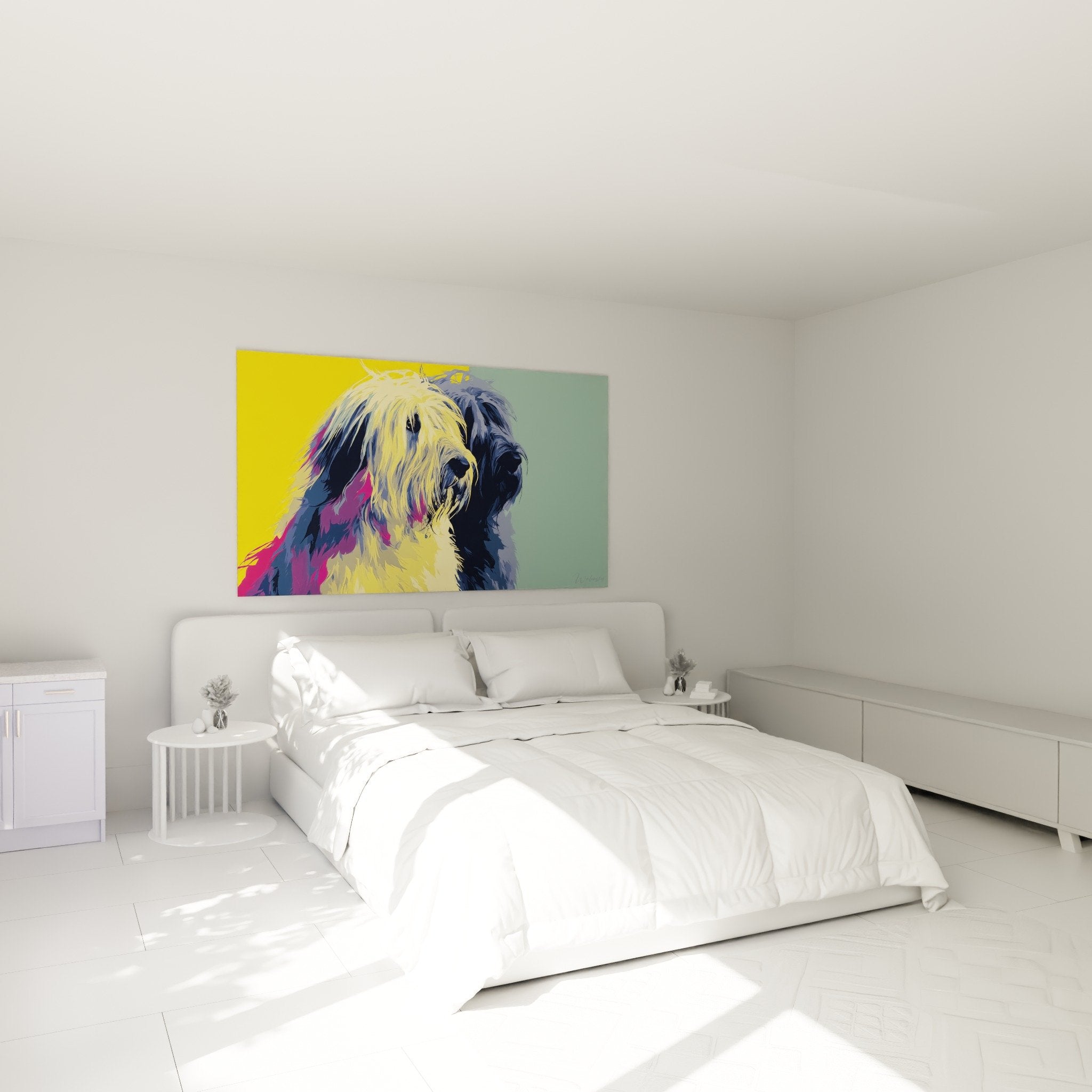 Tableau Briard coloré accroché dans chambre moderne avec décoration contemporaine
