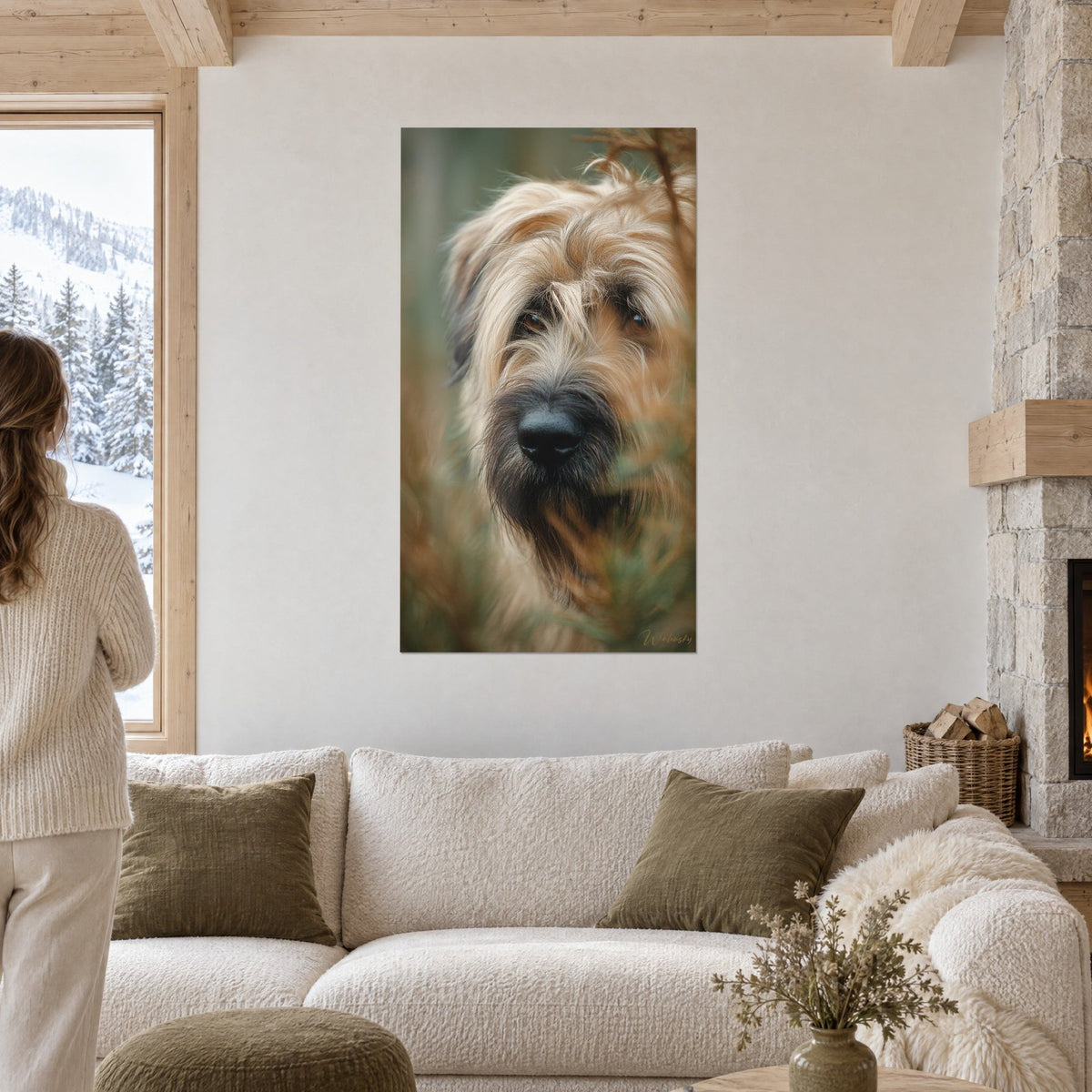 Wall art Briard dog with sandy, tousled coat and black muzzle, above a sofa in a bright living room