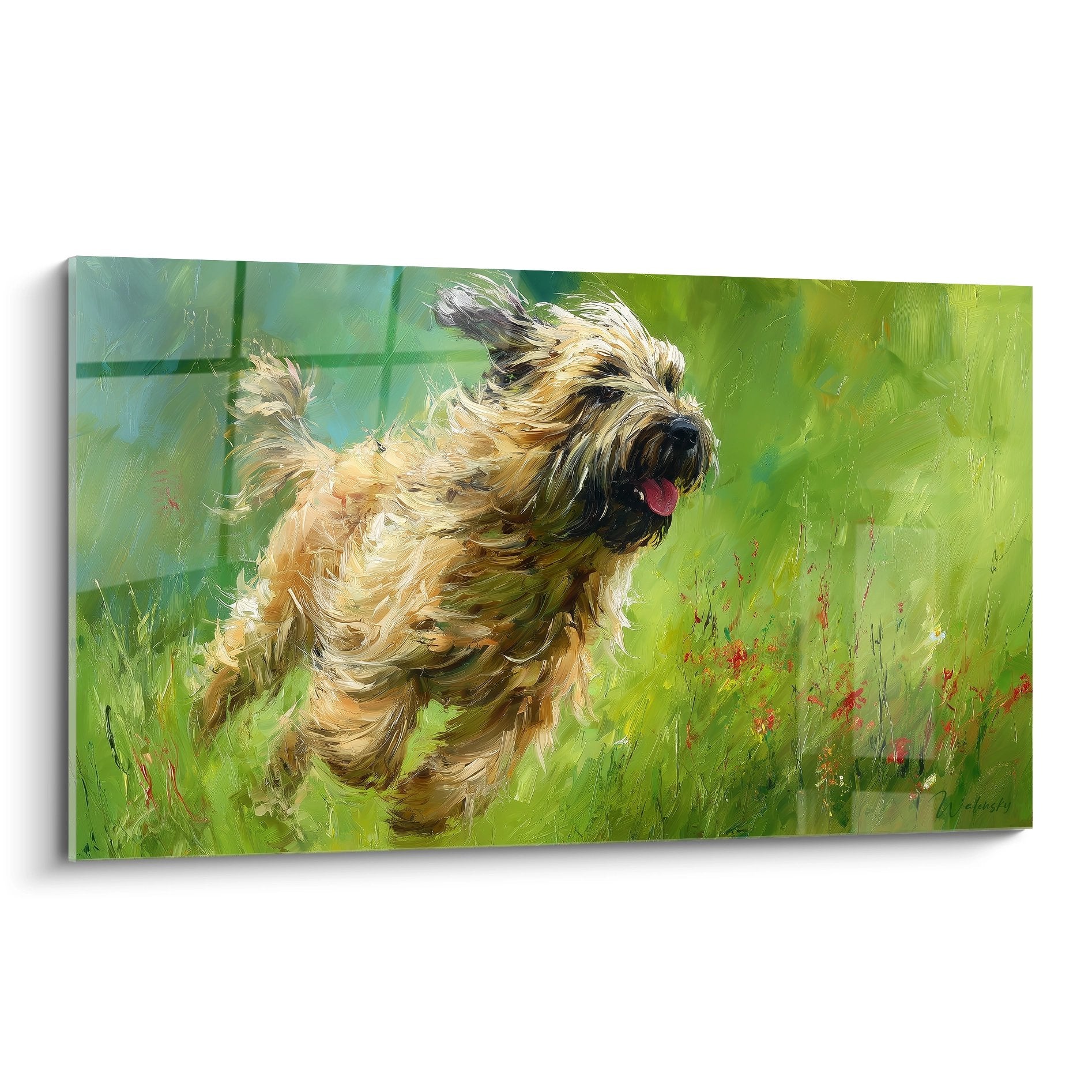 Tableau chien Briard en course dans prairie verte avec pelage doré volant au vent - peinture dynamique