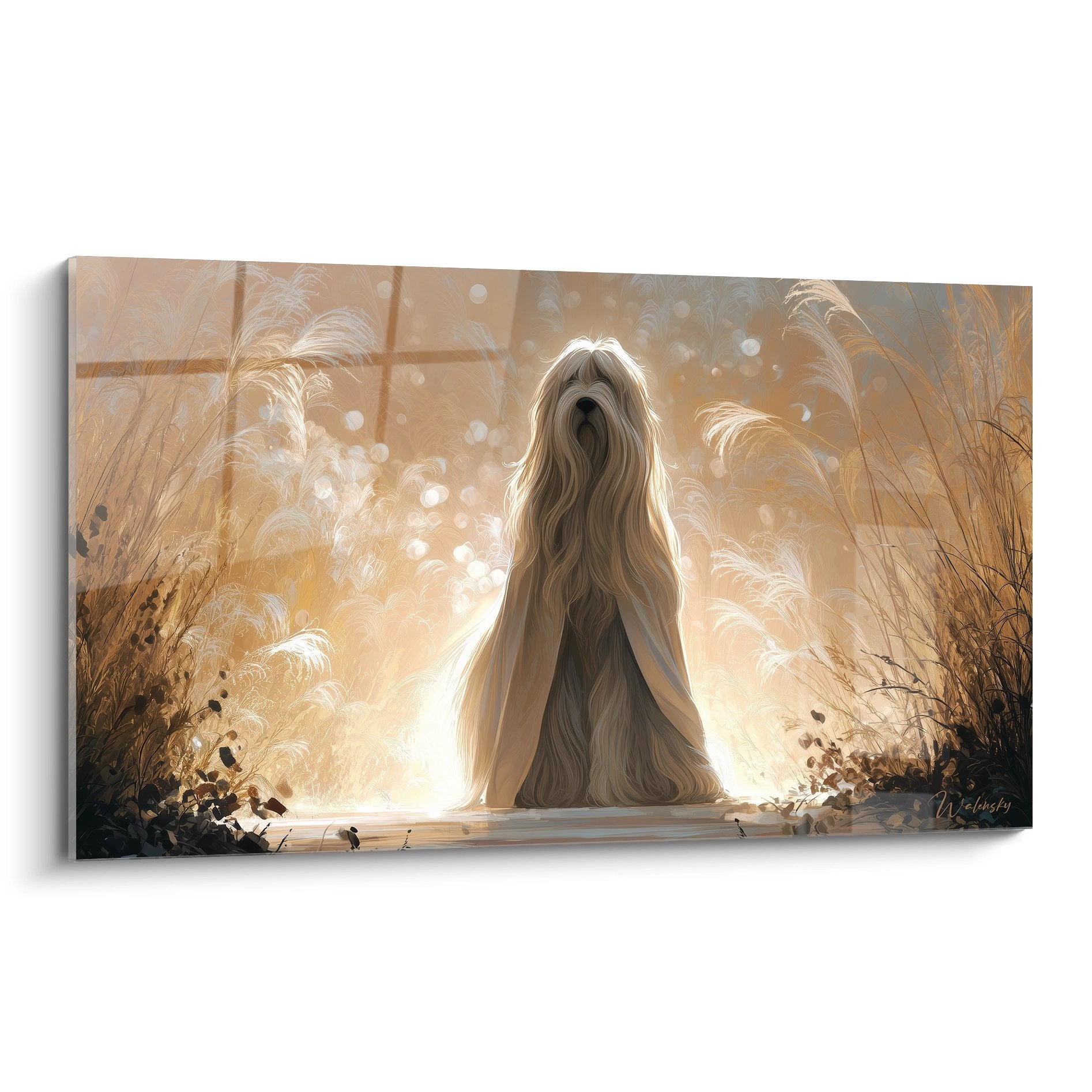 Tableau artistique représentant un Briard aux longs poils dorés dans une lumière mystique et chaleureuse