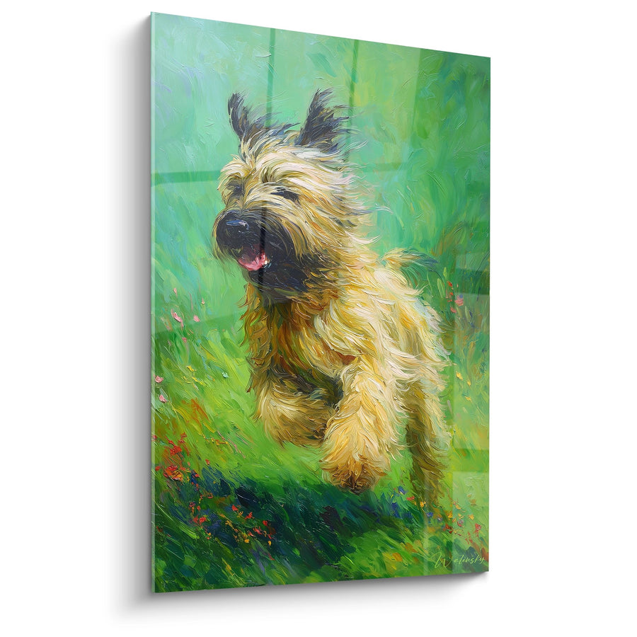 Gemälde Hund mit goldenen Haaren in grüner Wiese – Frühlingsjoy – Briard Edition
