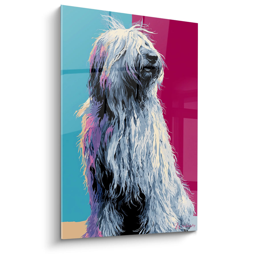 Gemälde Hund mit Langen Grau- und Weißhaaren auf Zweifarbigem Hintergrund - Farbiges Porträt - Briard Auflage