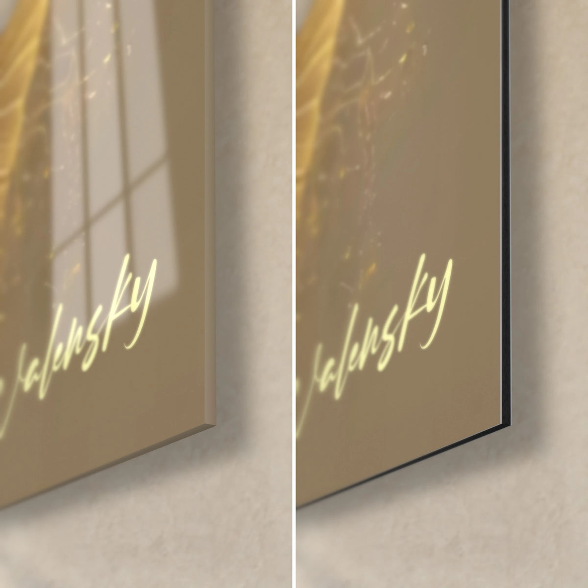 Tableau ginkgo doré, coin bas droit : verre brillant aux reflets de fenêtre, Dibond taupe mat, tranche noire de 3 mm