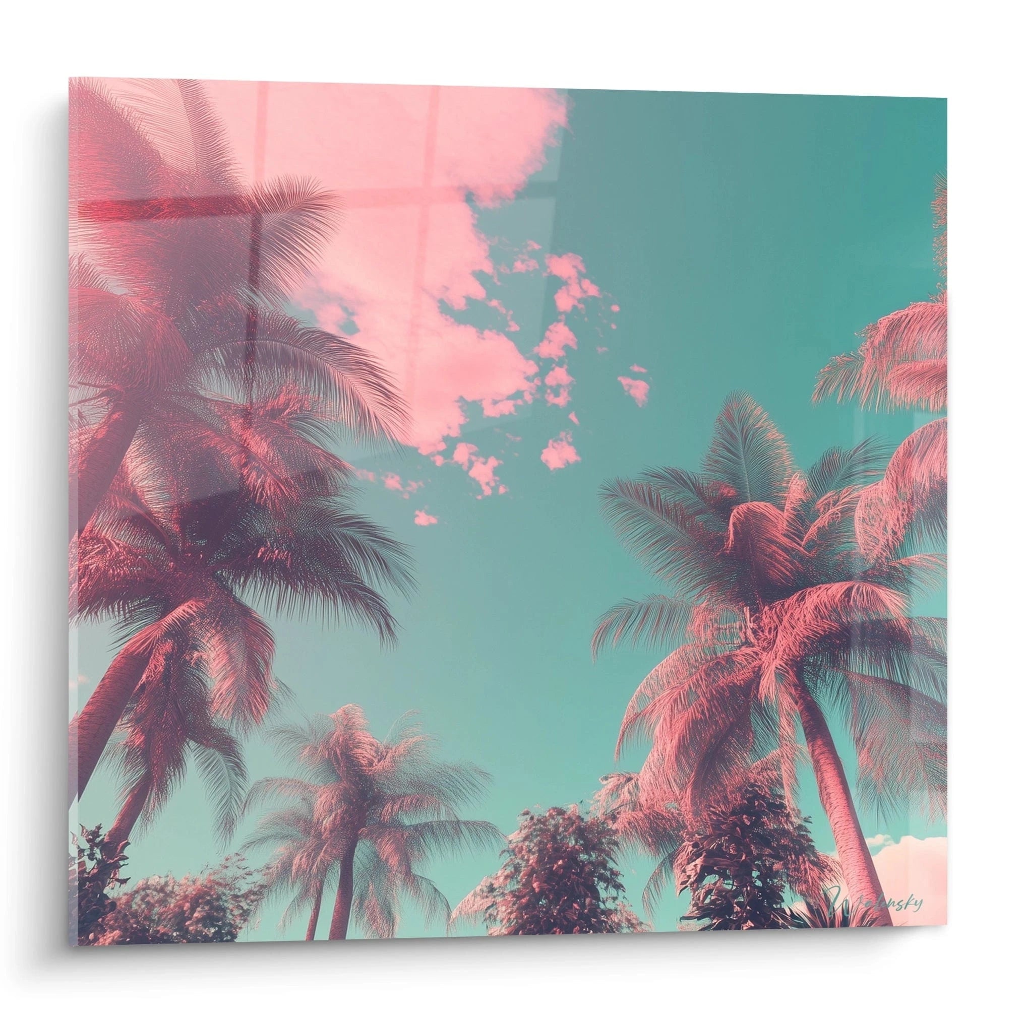 Un tableau artistique présentant des palmiers en contre-plongée avec des teintes rose et turquoise contrastées, créant une atmosphère tropicale onirique et surréaliste, les silhouettes des arbres se détachant sur un ciel bicolore vibrant.
