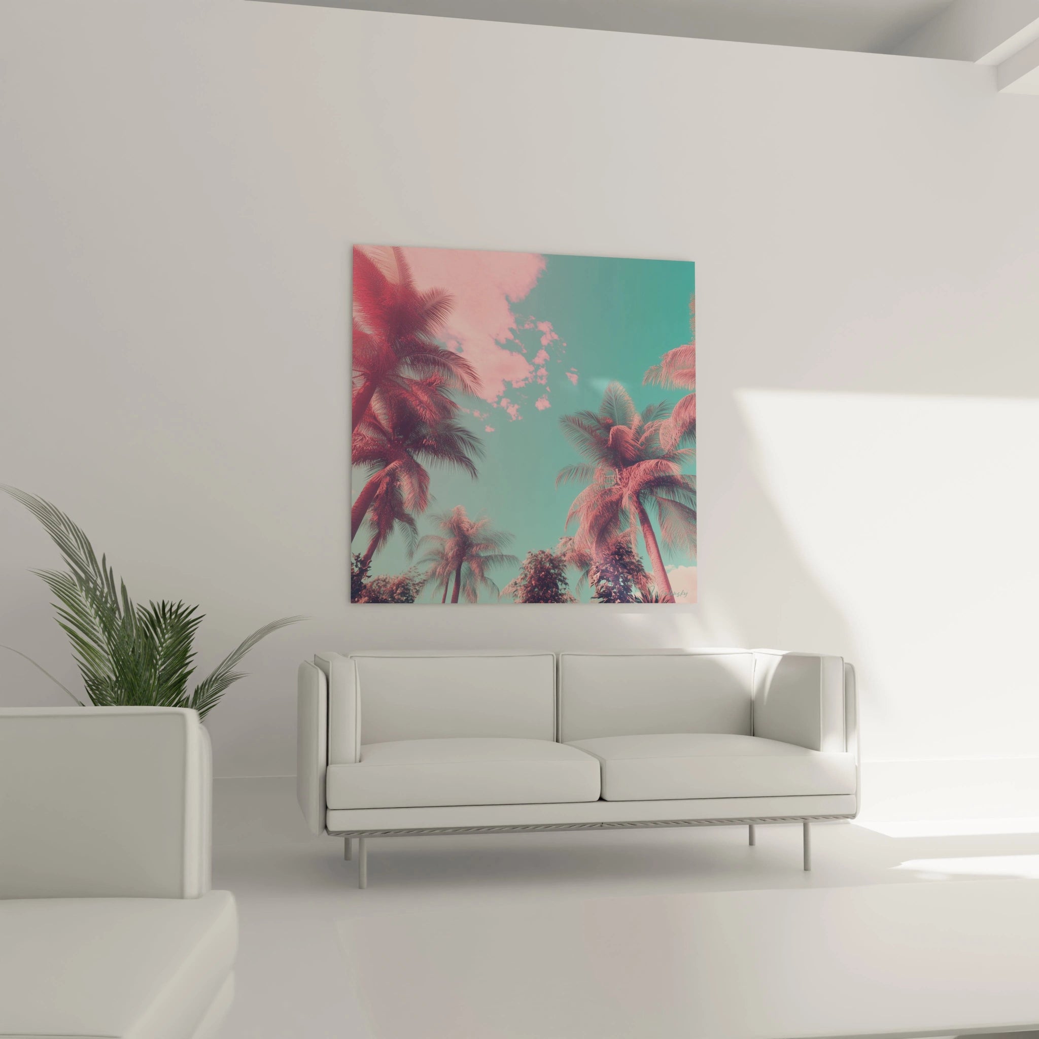 Un tableau palmier capturant une perspective verticale sur des cocotiers, traité avec une palette bicolore rose et turquoise vibrante, créant une ambiance rétrofuturiste où les formes naturelles se détachent nettement sur le fond céleste divisé.
