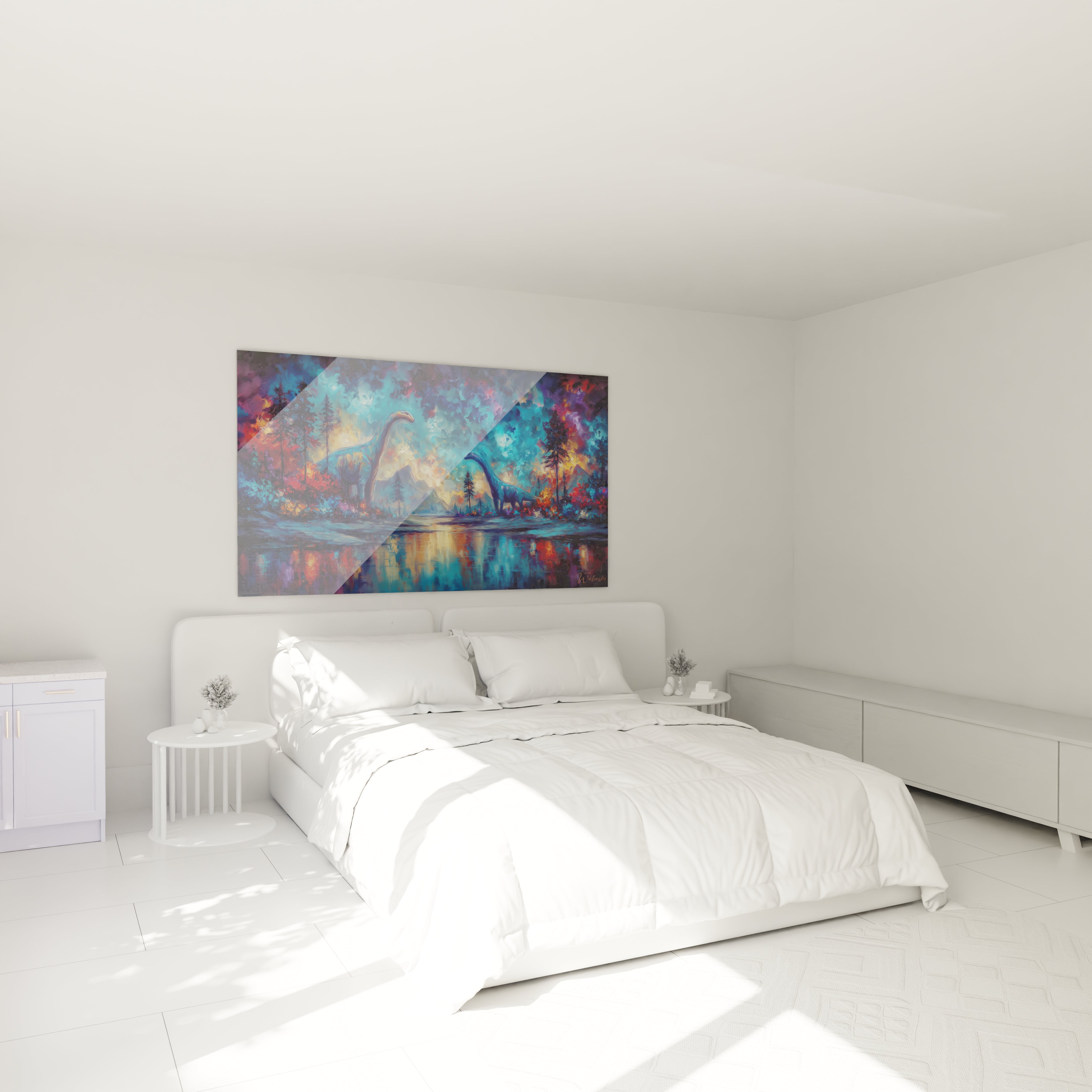 Tableau dinosaure brontosaures dans chambre moderne, décoration murale art préhistorique couleurs chatoyantes