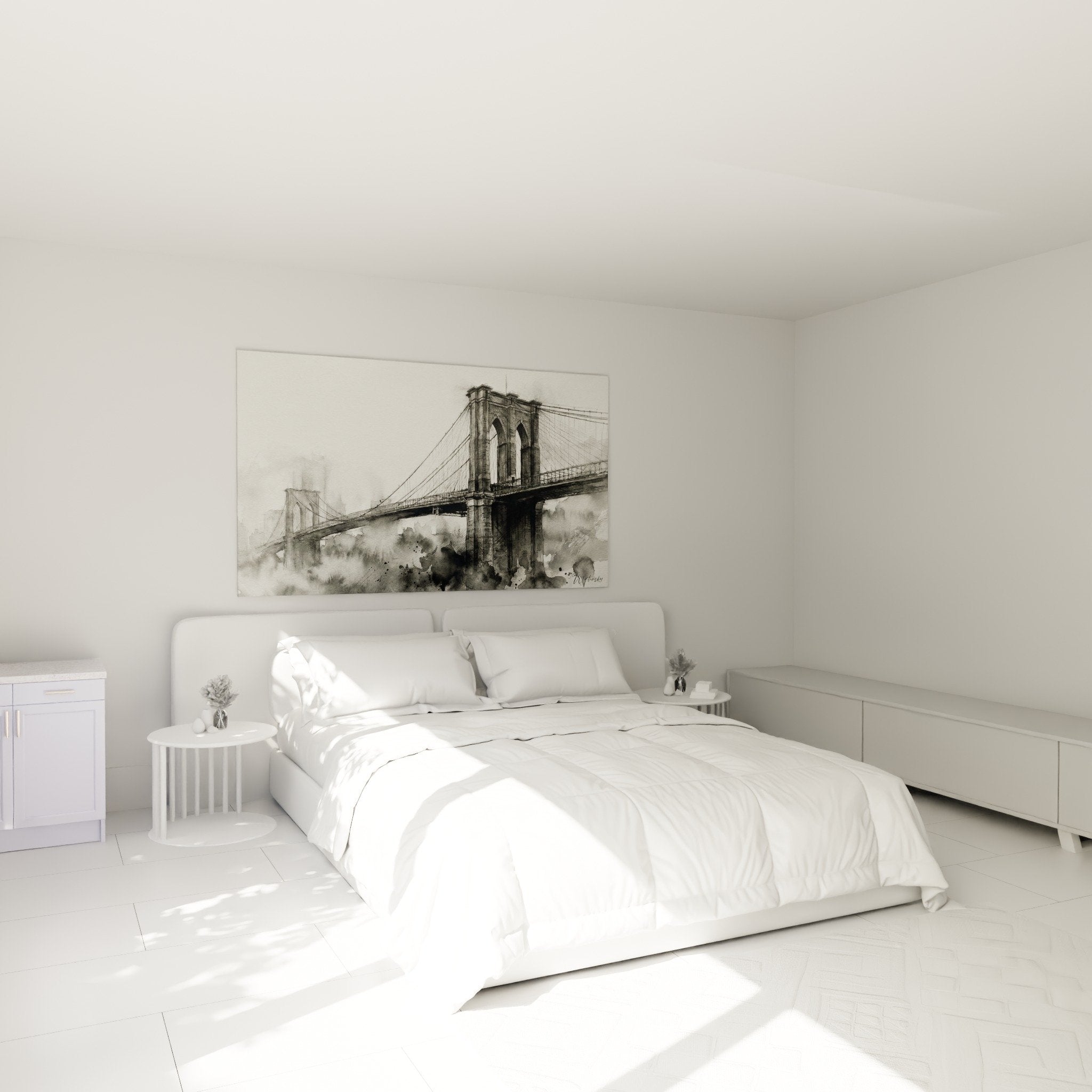 tableau aquarelle grise pont architecture decoration chambre brooklyn monochrome
