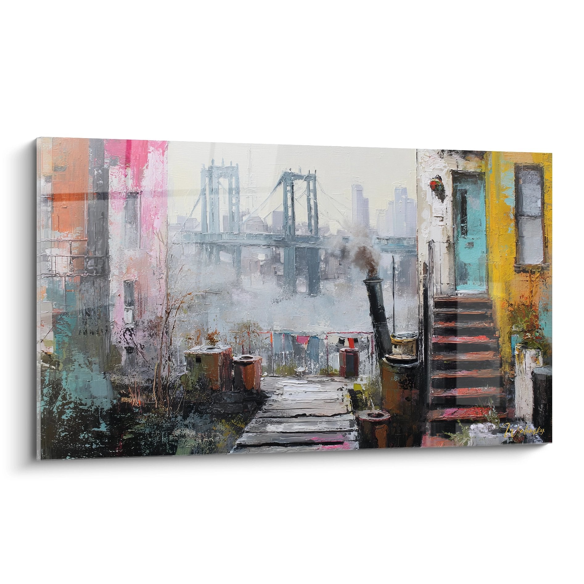 Tableau mural Brooklyn Bridge vue urbaine colorée quartier résidentiel New York art contemporain