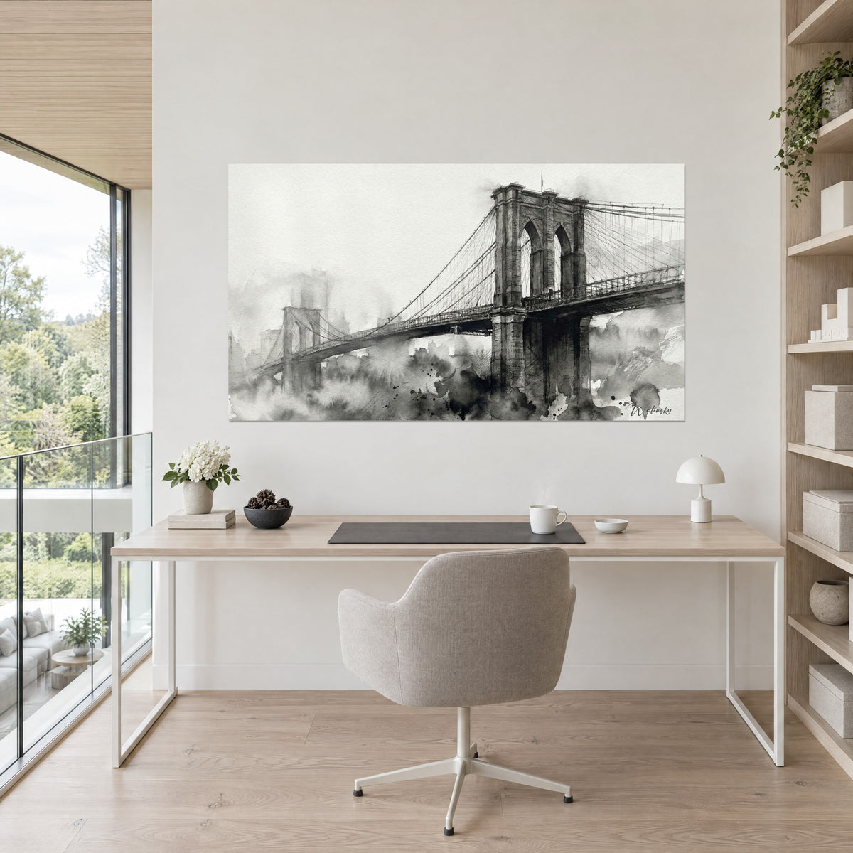 Schilderij New Yorkse brug in lichte sepialavis en houtskoolzwart, gotische bogen en inktspatten, opgehangen boven een helder bureau