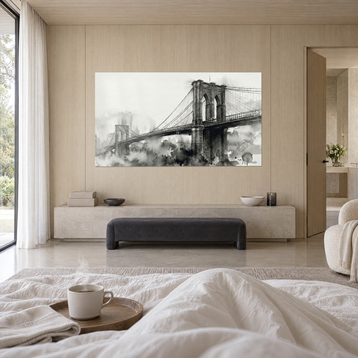 Schilderij hangend viaduct met pijlers van donkere steen, fijne kabels en grijze mist op witte achtergrond, boven een bed in een lichte slaapkamer